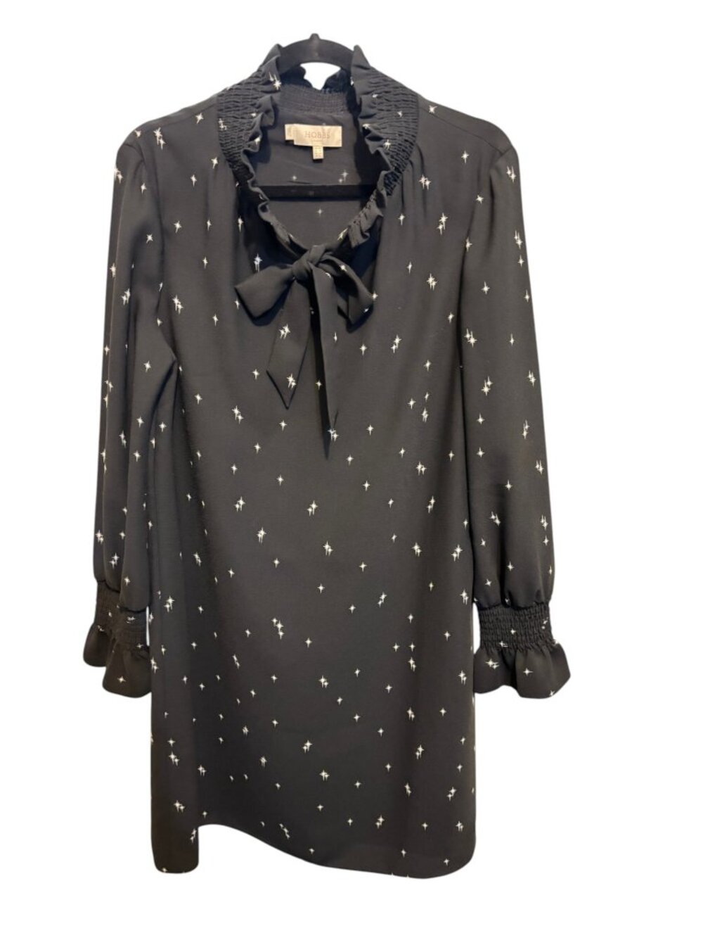 Hobbs London Luna Black Star Print Ruffle Tie Neck Long Sleeve Dress - Picture 5 of 14